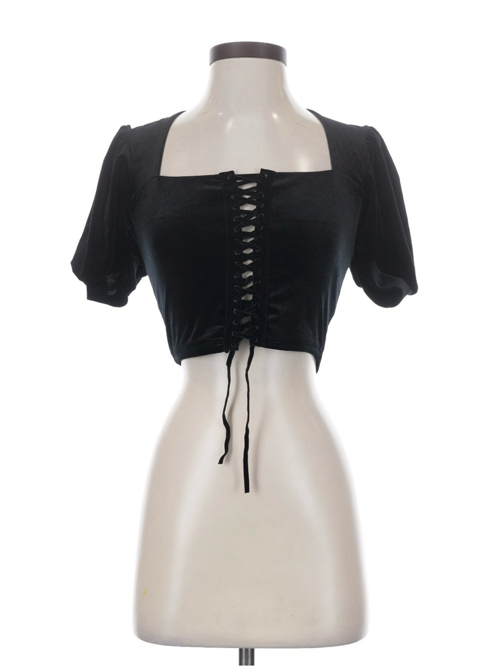 BlackMilk Black Velvet Lace-Up Puff Sleeve Crop Top XS - Picture 1 of 7